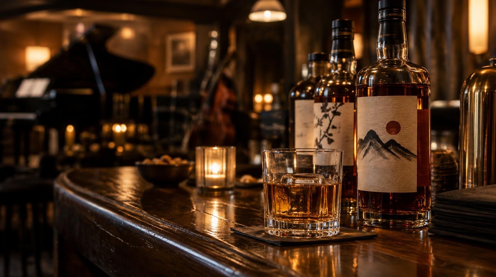 Dimly lit bar counter with Japanese whisky bottles and a glass of amber spirits.