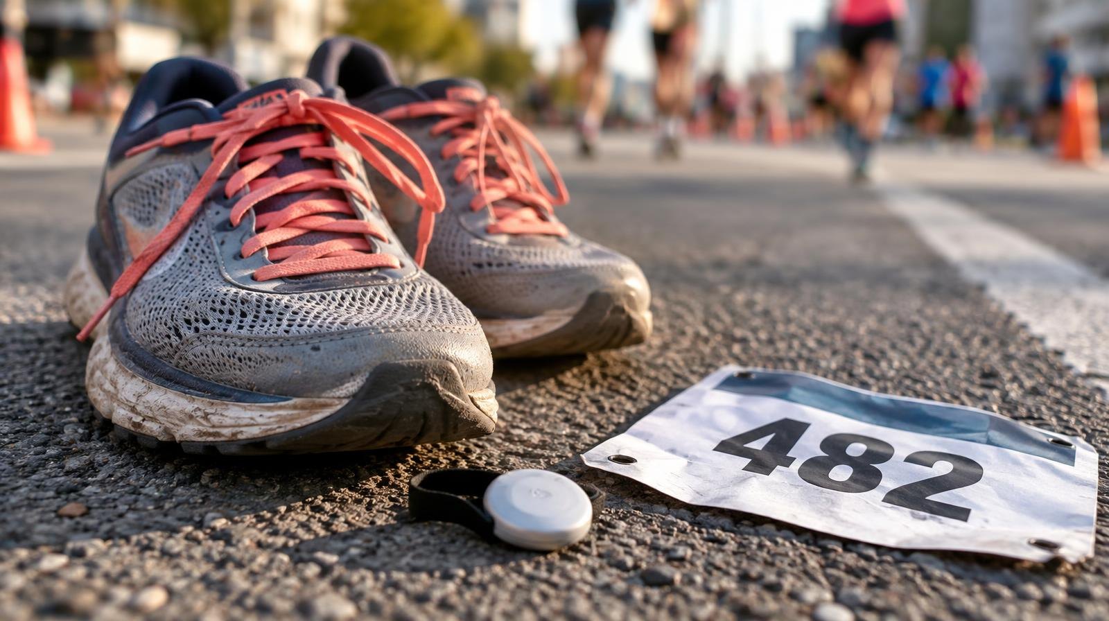 Running shoes on pavement beside a race timing chip and numbered bib.