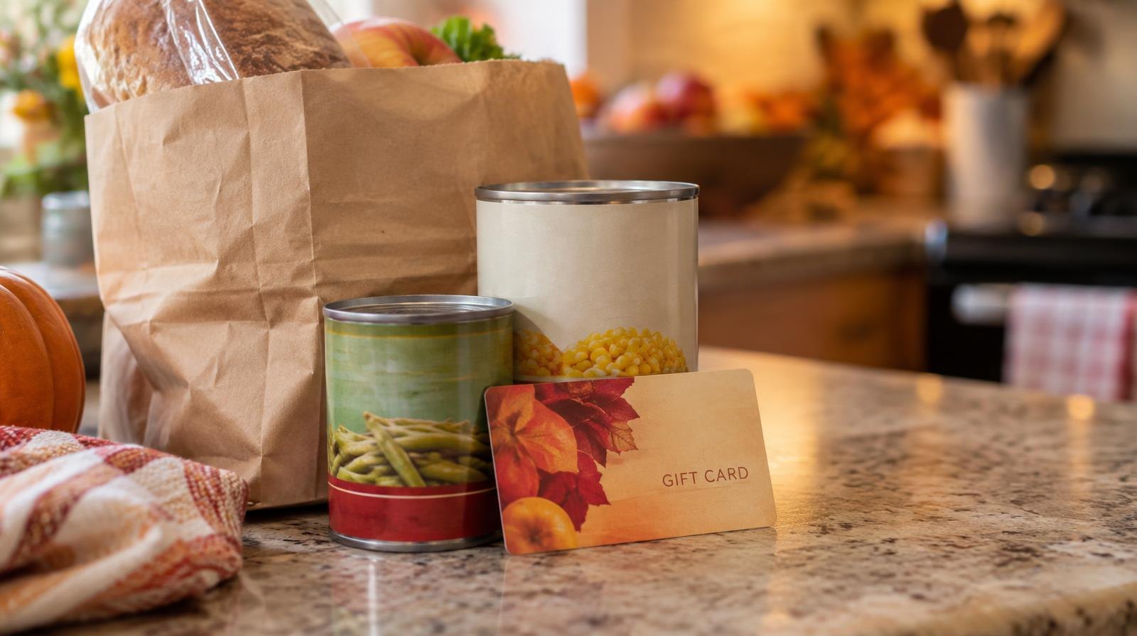 A gift card resting next to canned goods and a paper grocery bag on a counter.