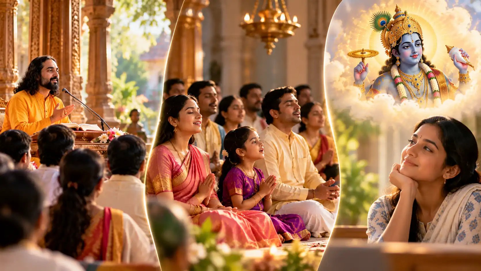 Composite image of devotees seated in a temple, a family praying, and a woman meditating.