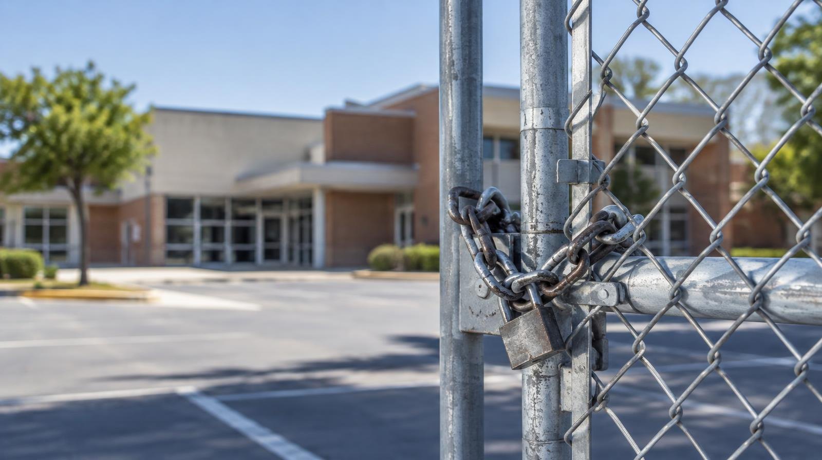 A closed school building with a locked chain-link gate and empty parking lot.