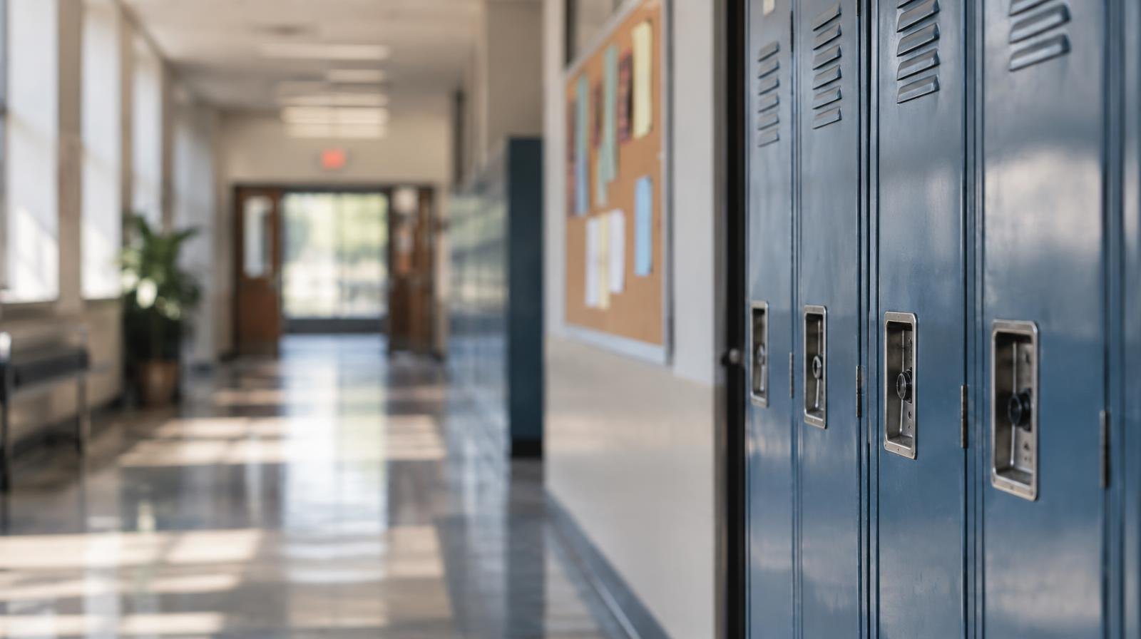 Empty school hallway lined with closed metal lockers and a bulletin board.
