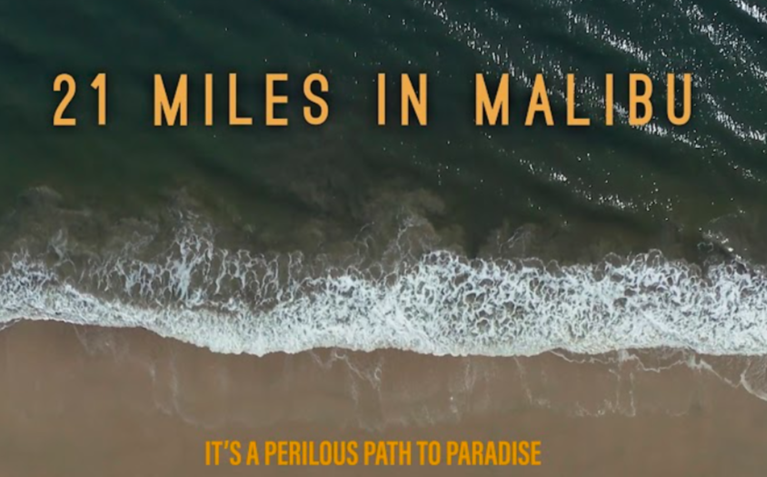 Aerial view of ocean waves on a beach with the title '21 Miles in Malibu' in orange text.