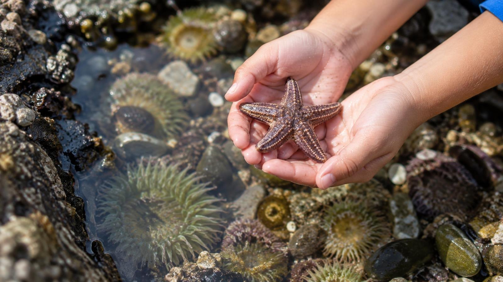 Small hands holding a starfish above a shallow tide pool with sea anemones and pebbles.