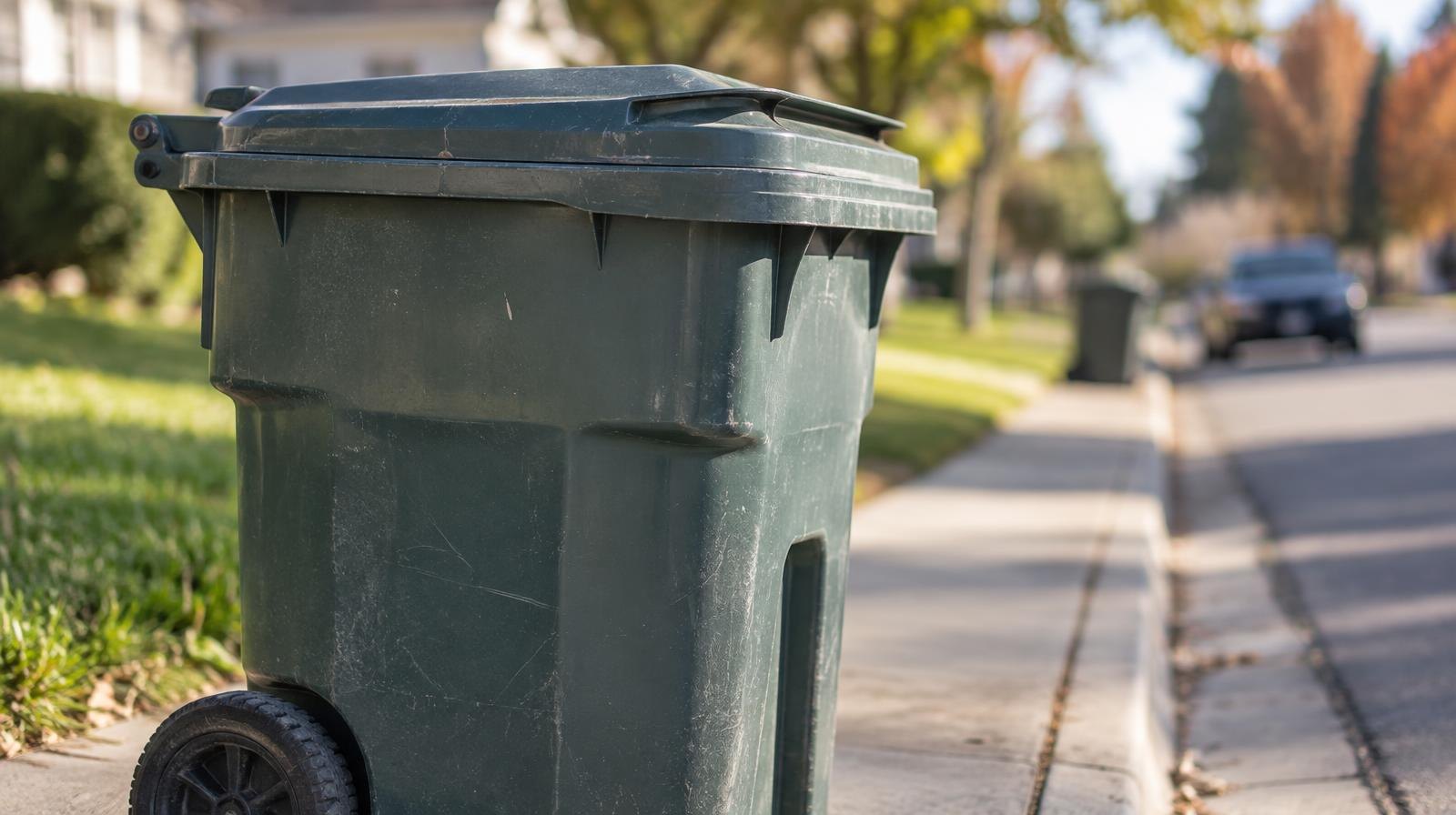 A large wheeled trash bin with a closed lid on a suburban sidewalk in morning light.