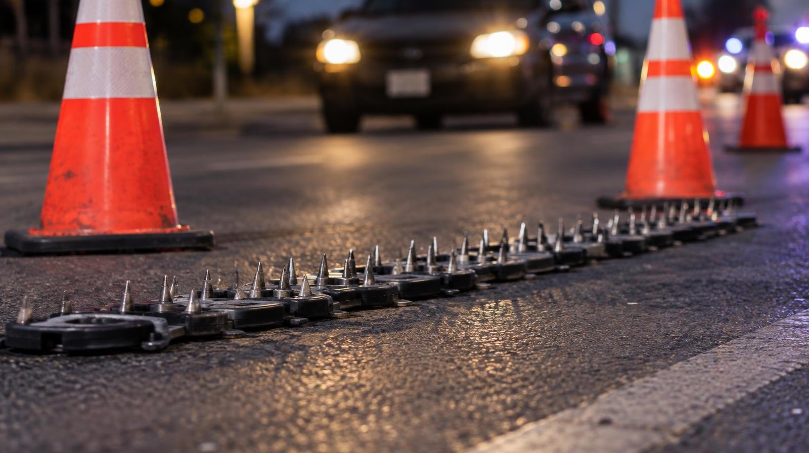 Spike strips laid across a road surface with orange traffic cones nearby.