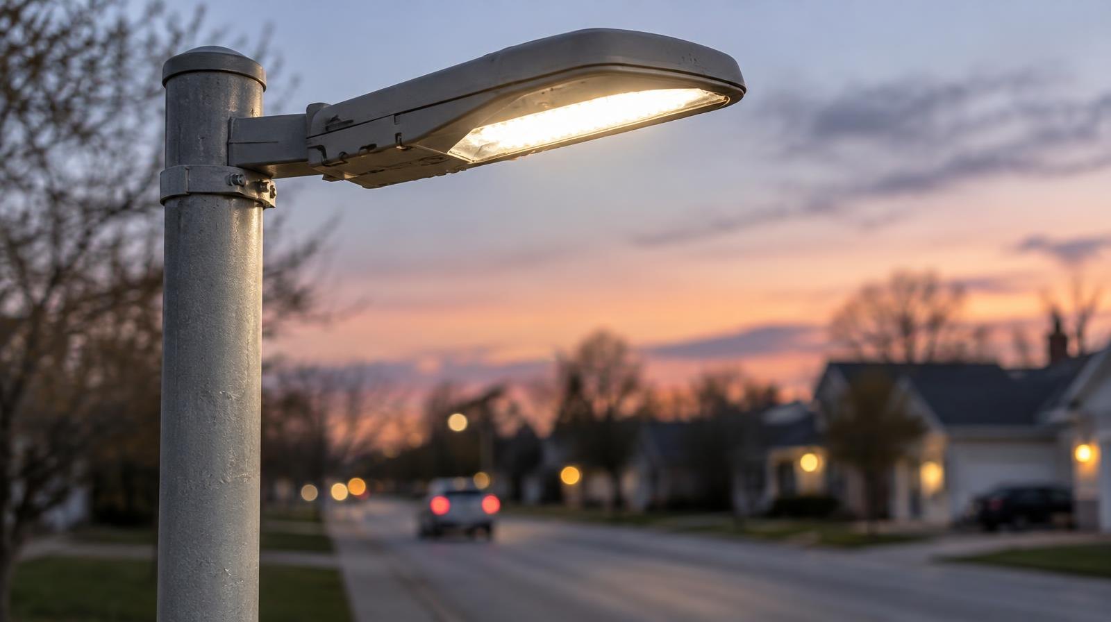 A metal streetlight pole with an LED fixture glowing over a suburban road at dusk.