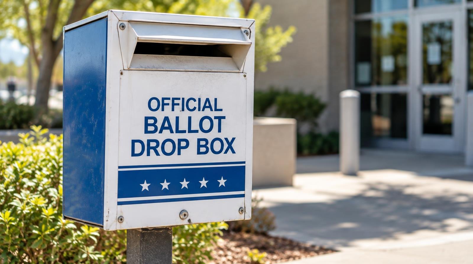 A ballot drop box mounted on a post near a building entrance in sunlight.