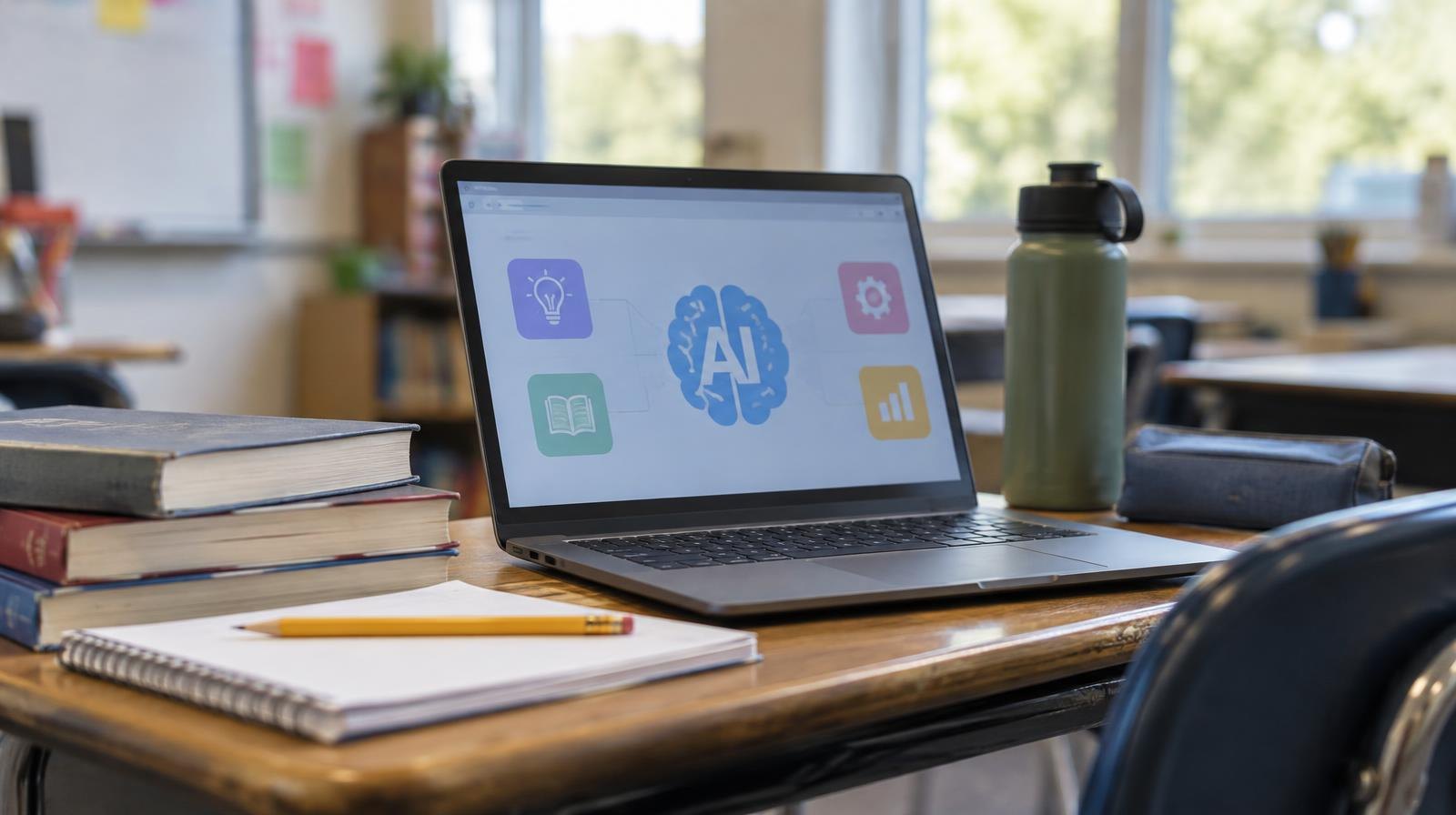 An open laptop on a school desk surrounded by textbooks and a pencil.