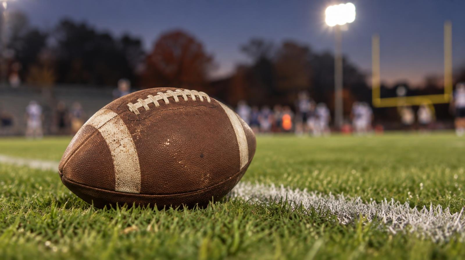 An American football resting on green grass near a white yard line under stadium lights.