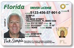 Sample Florida driver license card showing fictitious name and address fields.