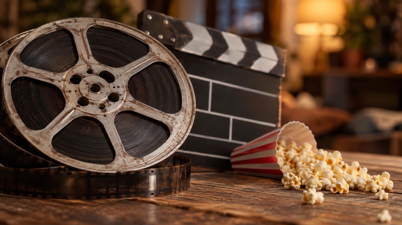 A vintage film reel and clapperboard on a wooden surface next to popcorn.