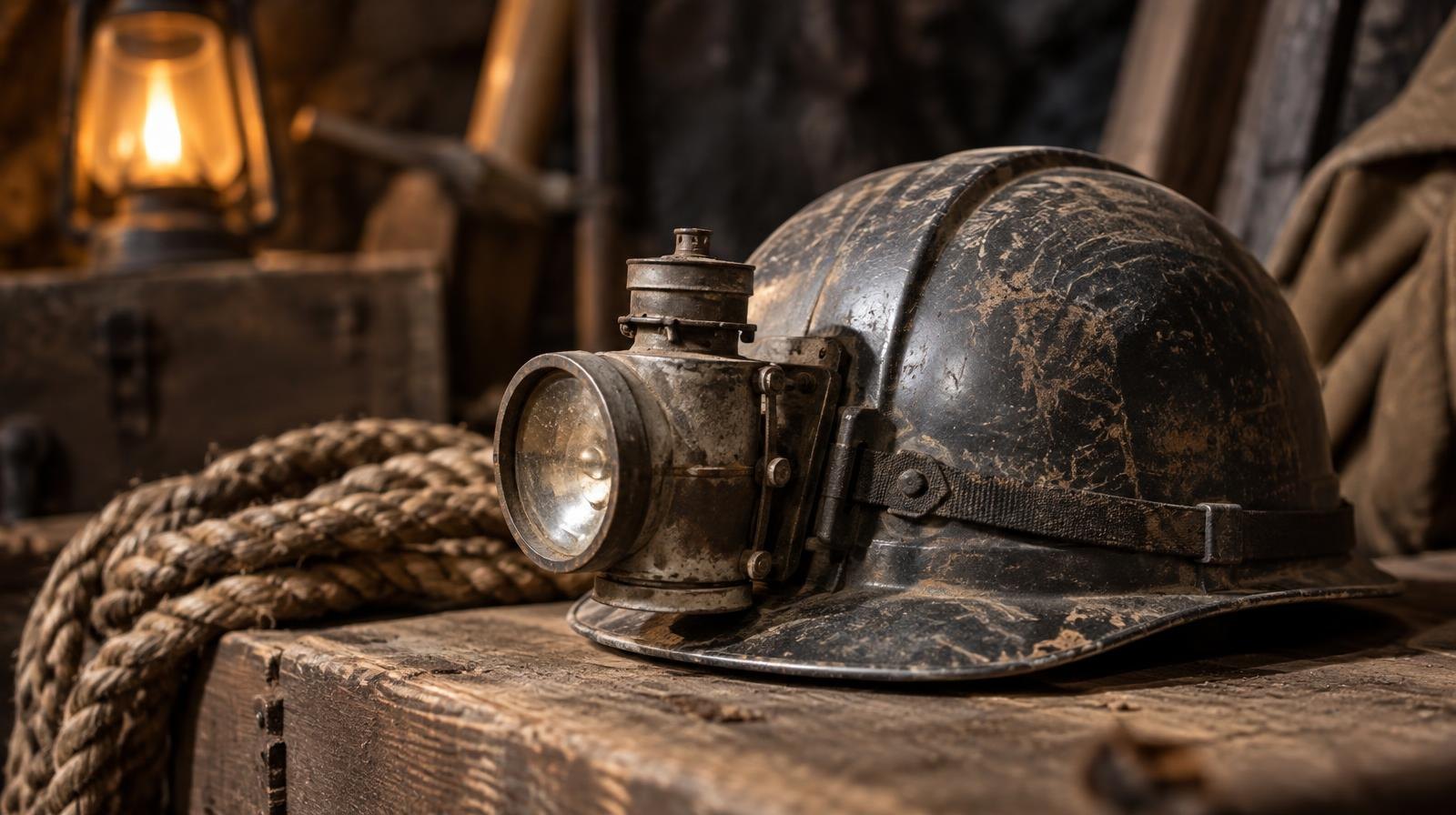 Vintage miner's hard hat and carbide lamp on a wooden surface.