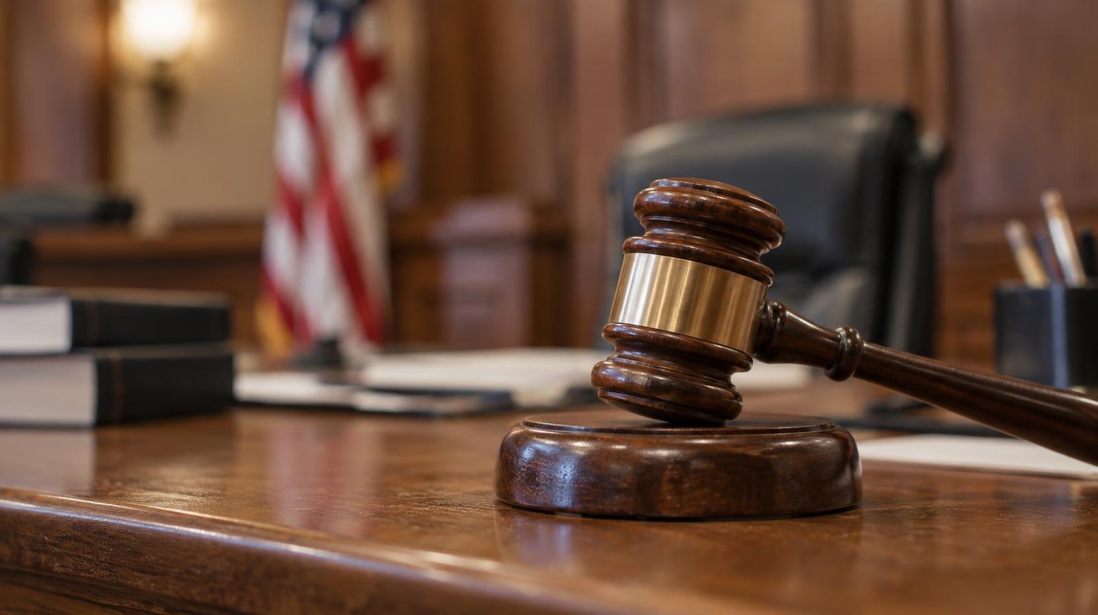 A wooden gavel resting on its sound block on a wooden surface.
