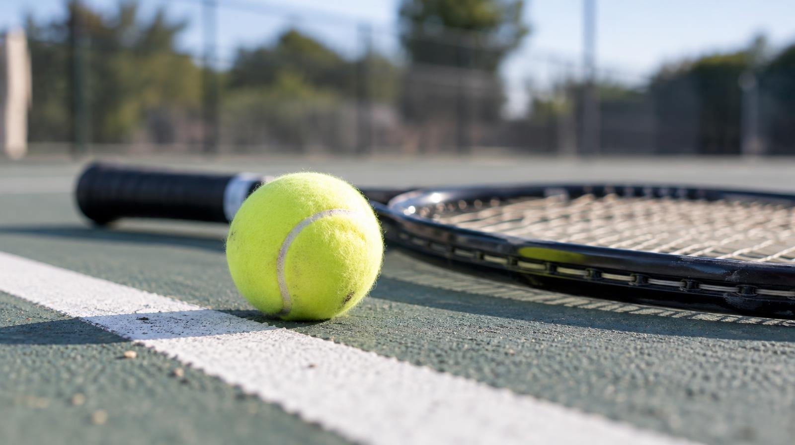 A yellow tennis ball and racket resting on a hard court beside a white baseline.