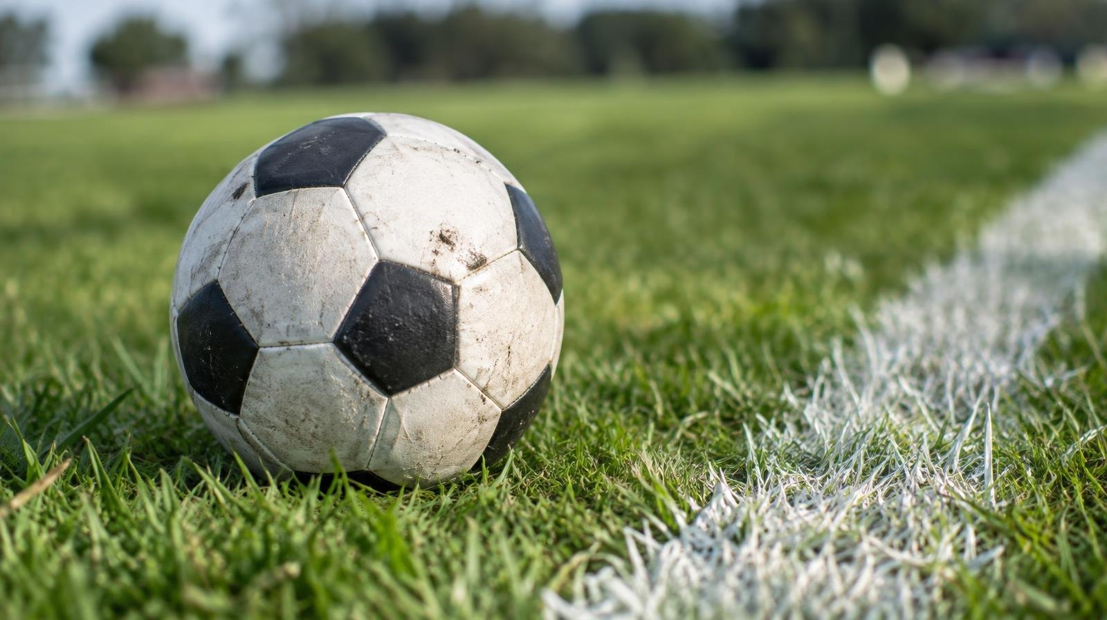 A soccer ball resting on green grass near a white painted sideline.