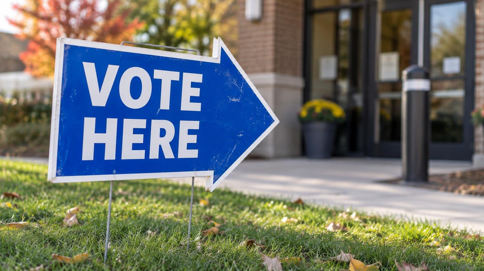 Blue vote here arrow sign on a metal stake in grass outside a building.