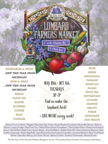 Promotional flyer for the Lombard Farmers Market listing dates, hours, location, and vendor categories.