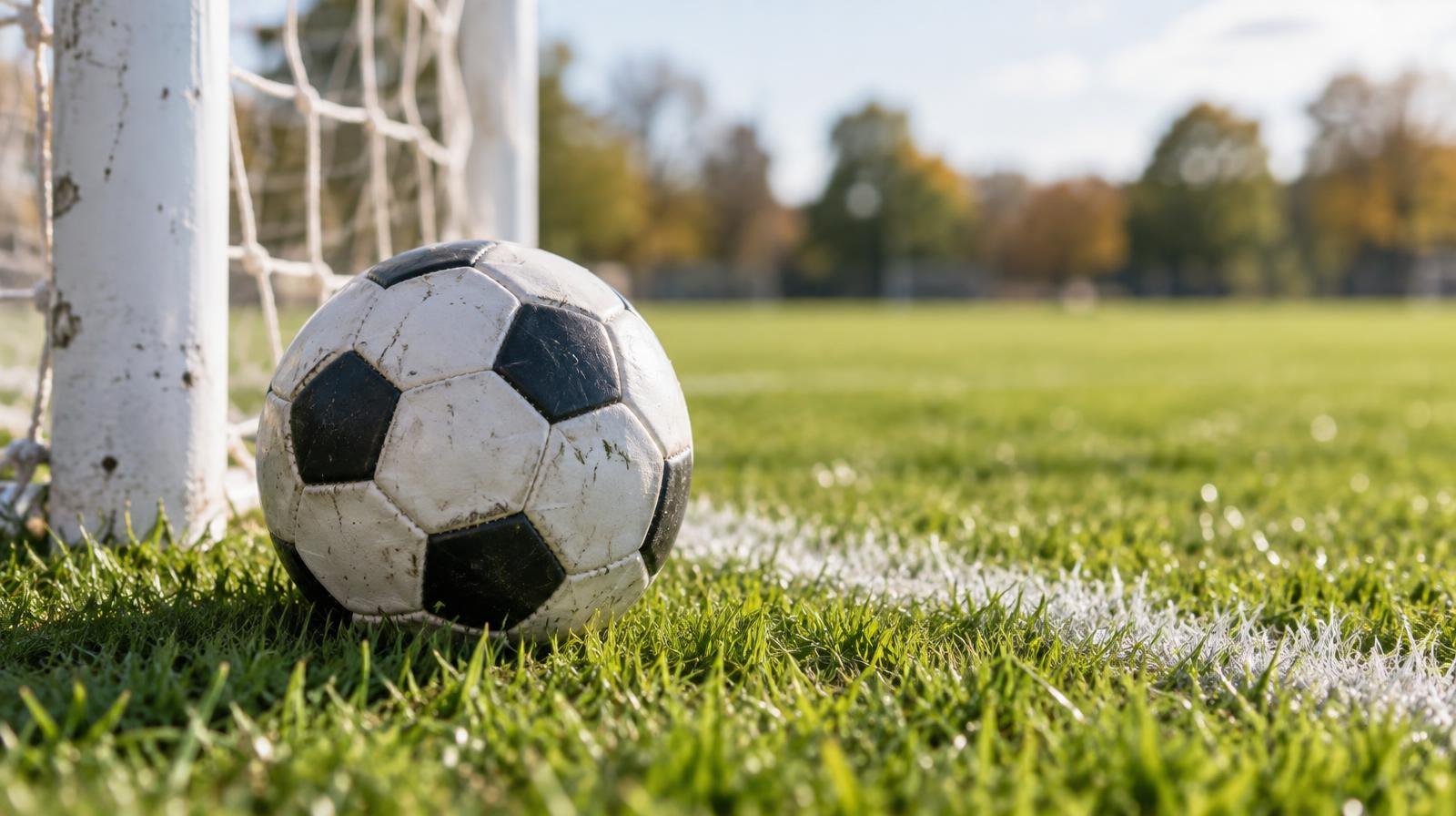 A soccer ball resting on green grass near the corner of a goal net.