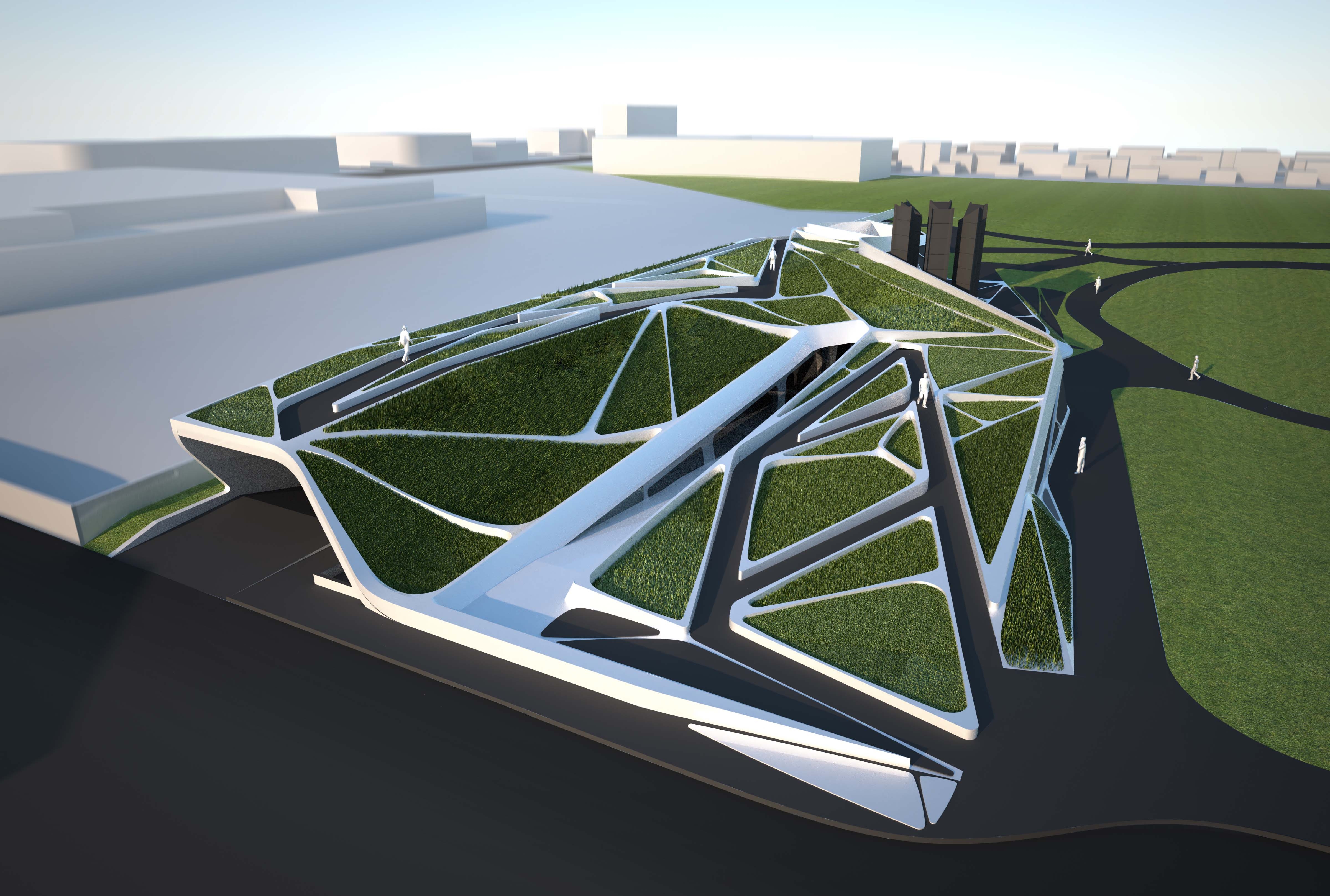 Angular modern museum building with a green rooftop garden in a park setting.