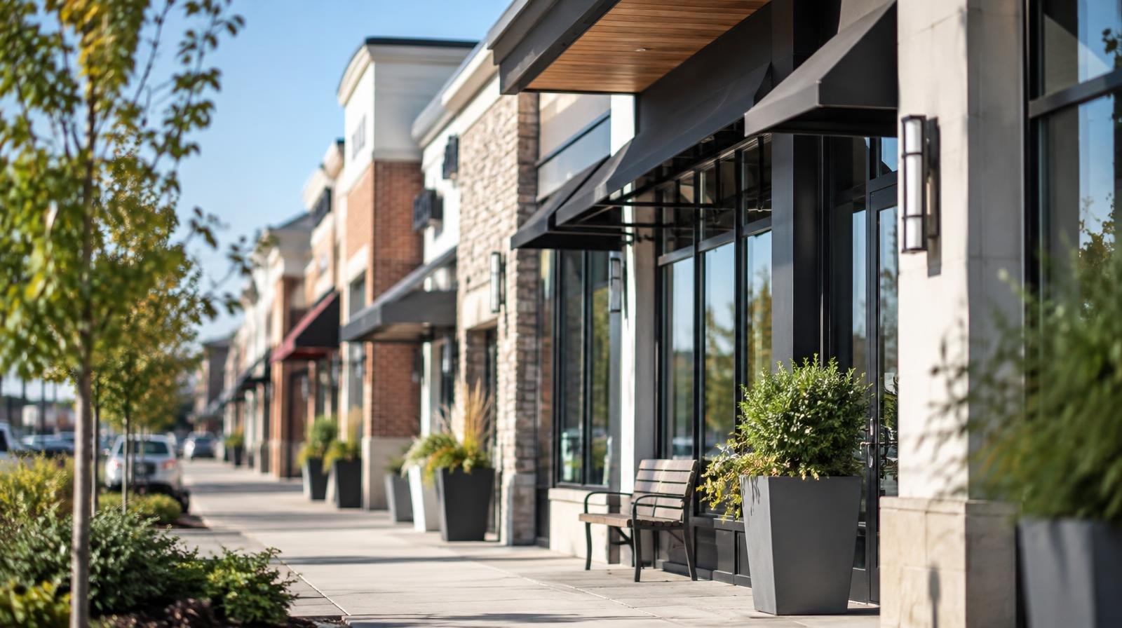 Row of modern mixed-use storefronts with large windows along a sunny boulevard.