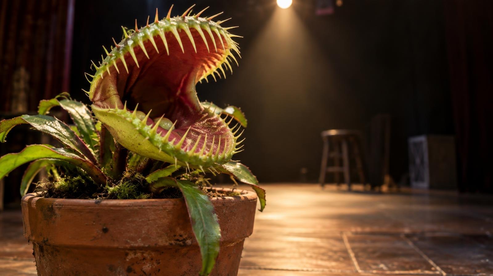 A wide-mouthed carnivorous plant in a pot under a single stage spotlight.
