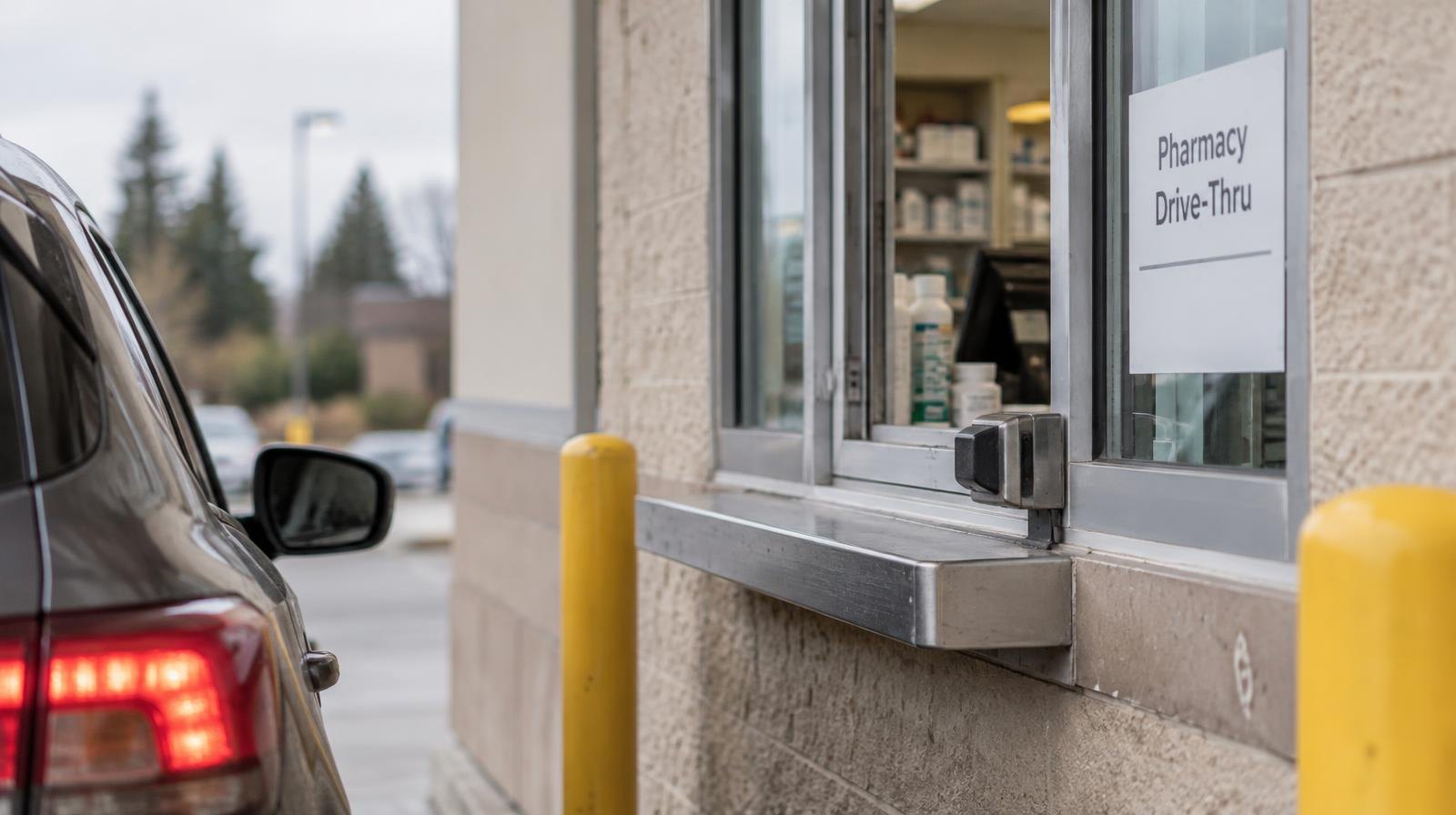 A drive-thru pickup window with a transaction shelf on a commercial building exterior.