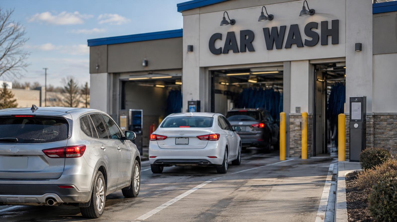 Exterior of a modern automatic car wash building with queuing lanes.