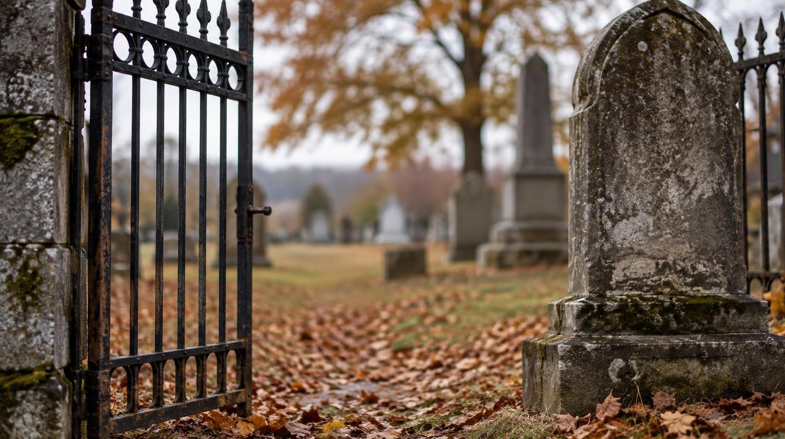 Open cast-iron cemetery gate beside a weathered stone grave marker with fallen leaves.