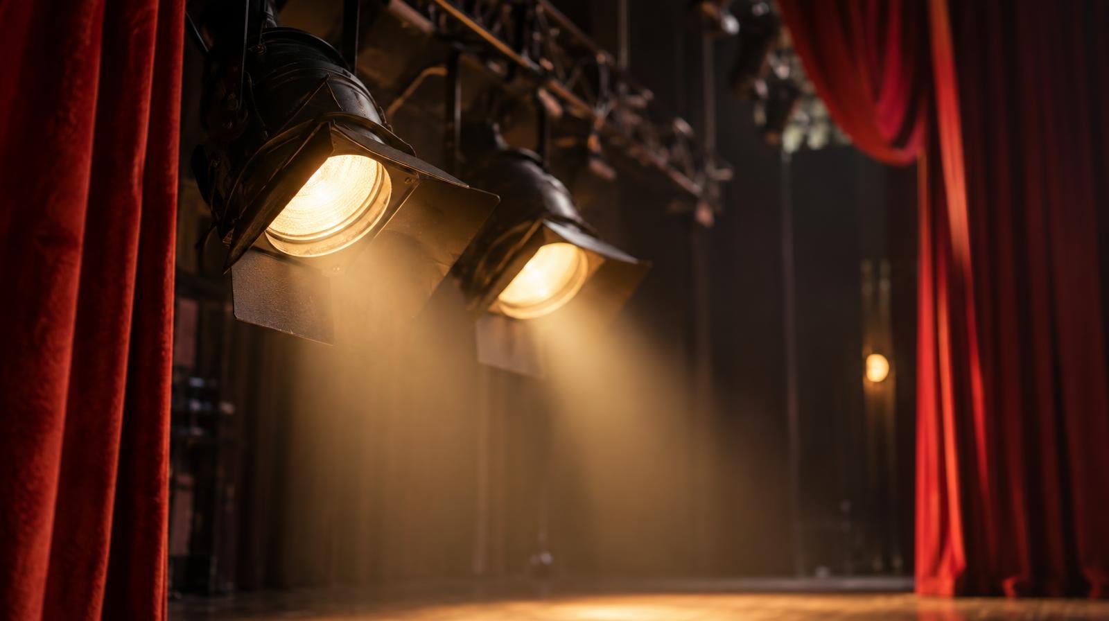 Two stage spotlights cast warm beams onto an empty theater stage.