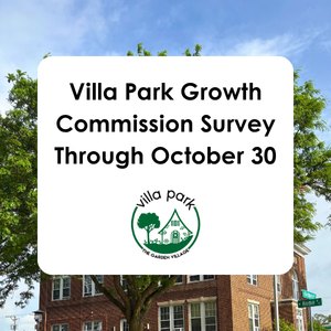 Promotional graphic for the Villa Park Growth Commission Survey with an October 30 deadline.