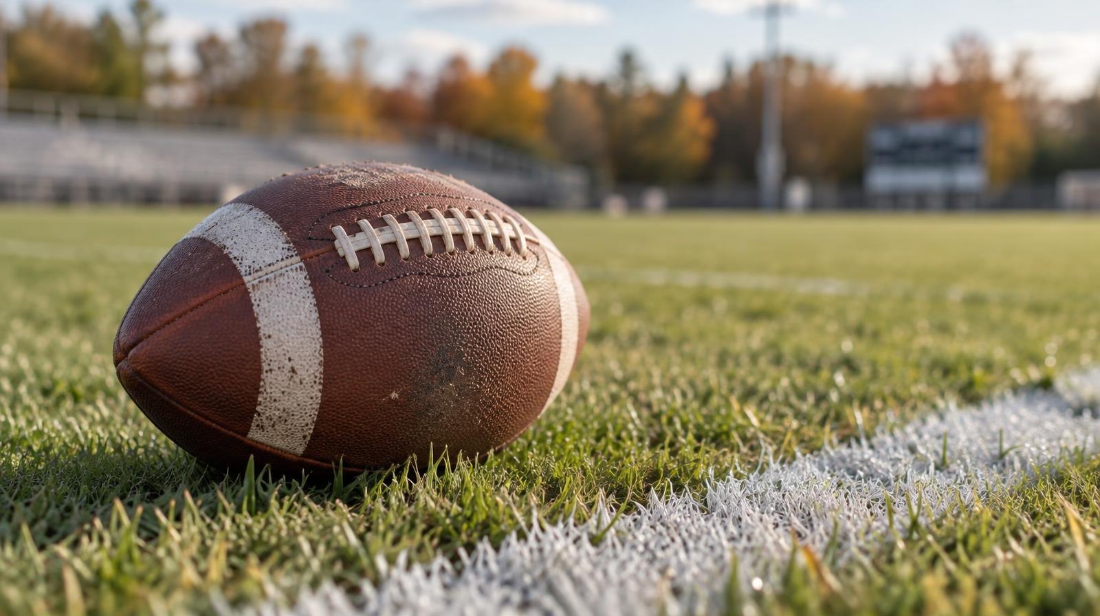 An American football resting on green grass next to a white painted yard line.
