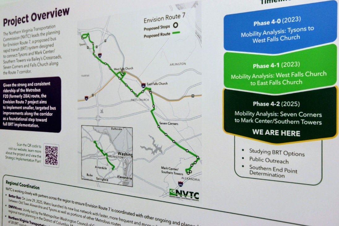 Display board showing a map of the proposed Route 7 BRT corridor with stops, phases, and project timeline.