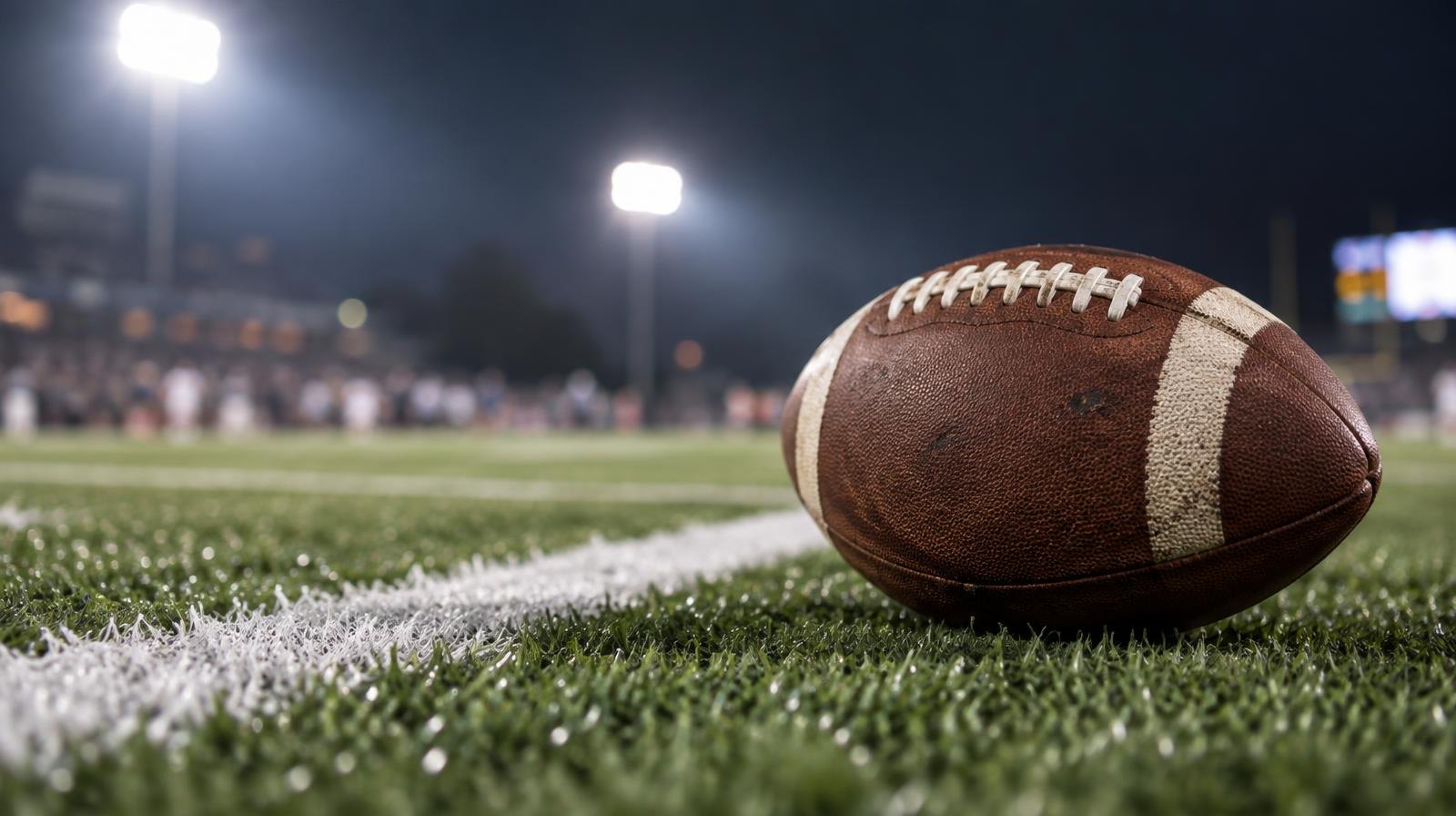 An American football resting on green artificial turf beside a white yard line.