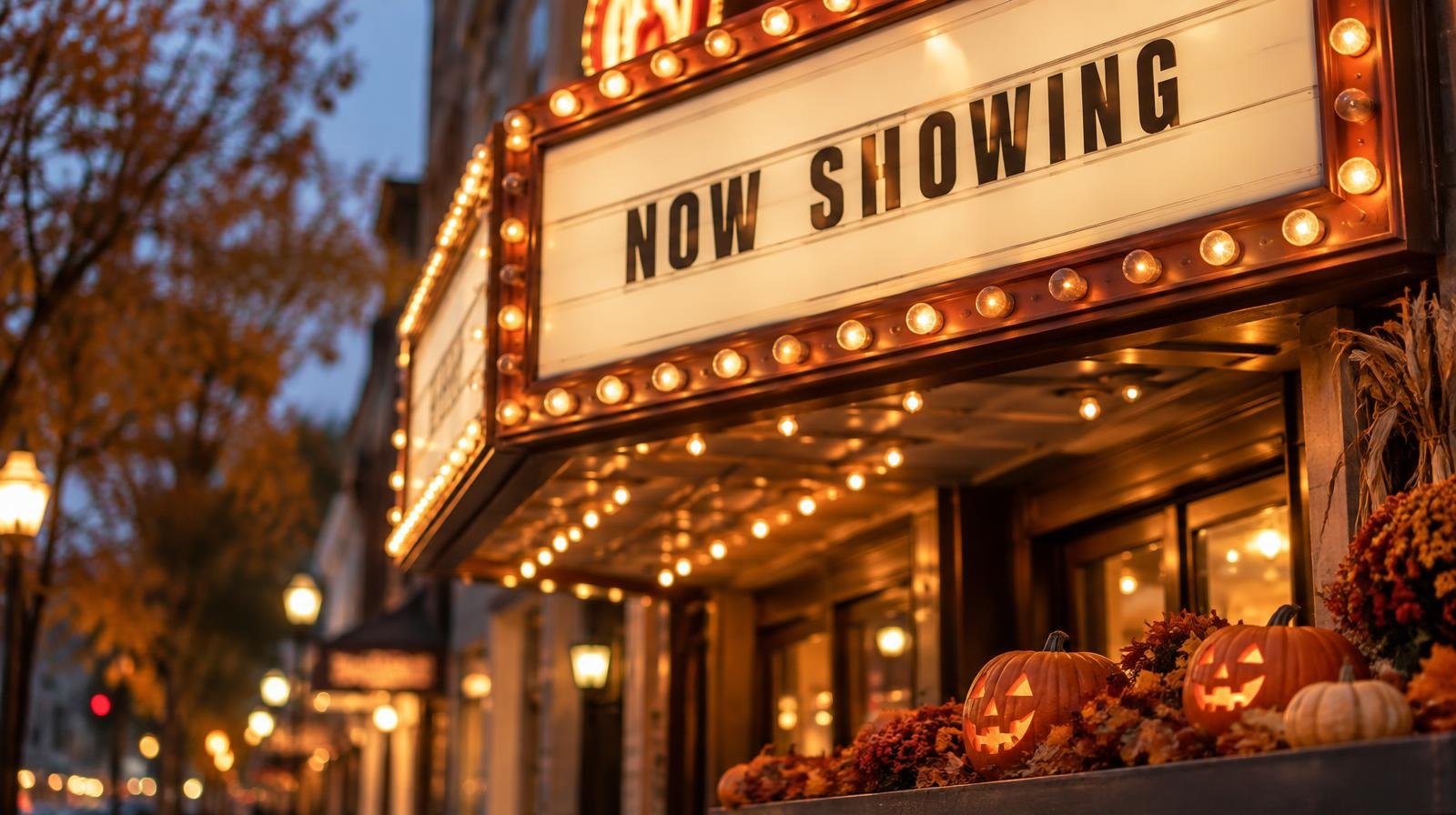 Glowing vintage theater marquee decorated with pumpkins and autumn leaves at dusk.