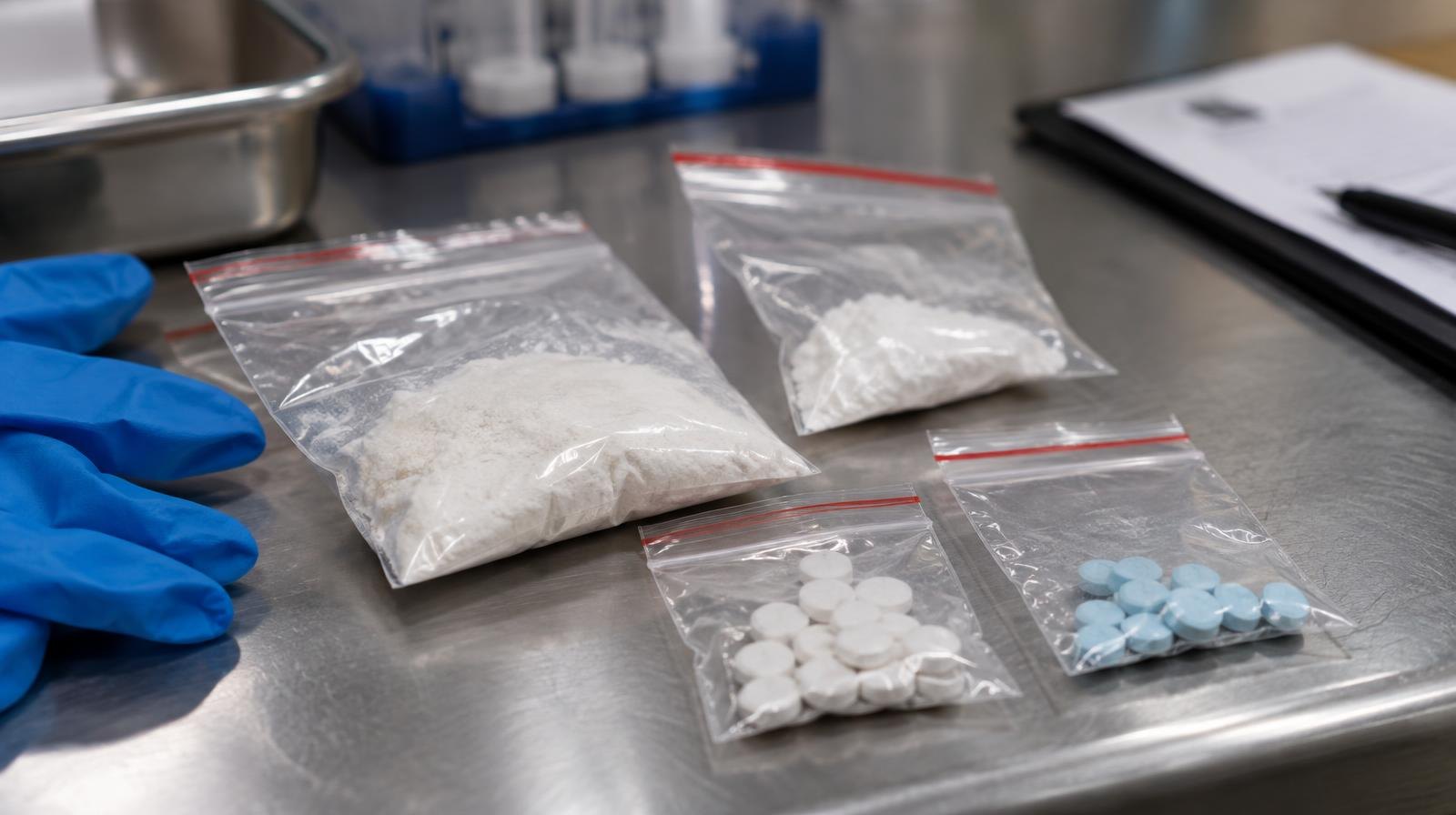 Clear evidence bags with white powder and pills on a stainless steel surface beside blue gloves.
