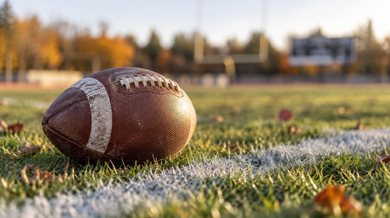 An American football resting on green grass beside a white painted yard line.