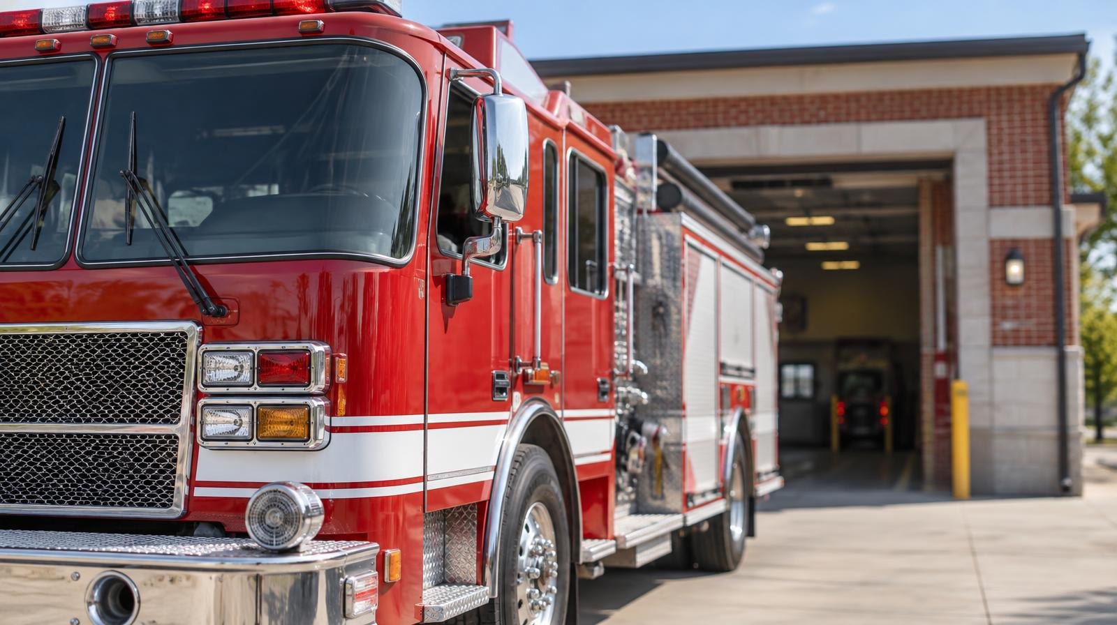A shiny red fire engine parked in front of an open fire station bay door.