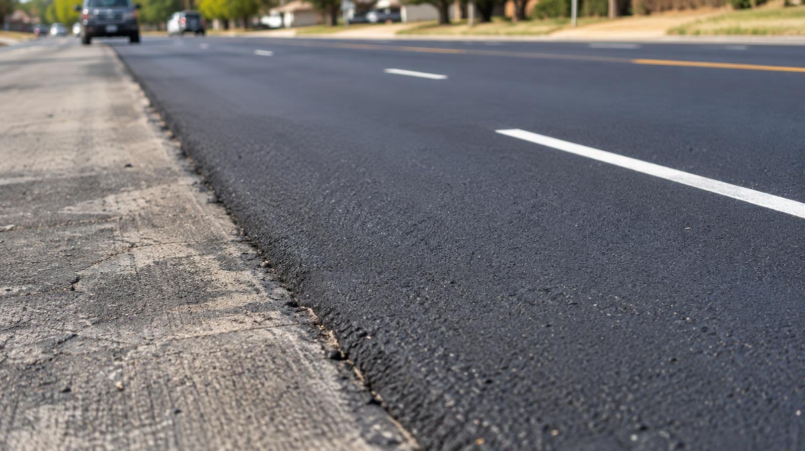 Smooth dark asphalt road surface with white lane markings meeting older concrete pavement.