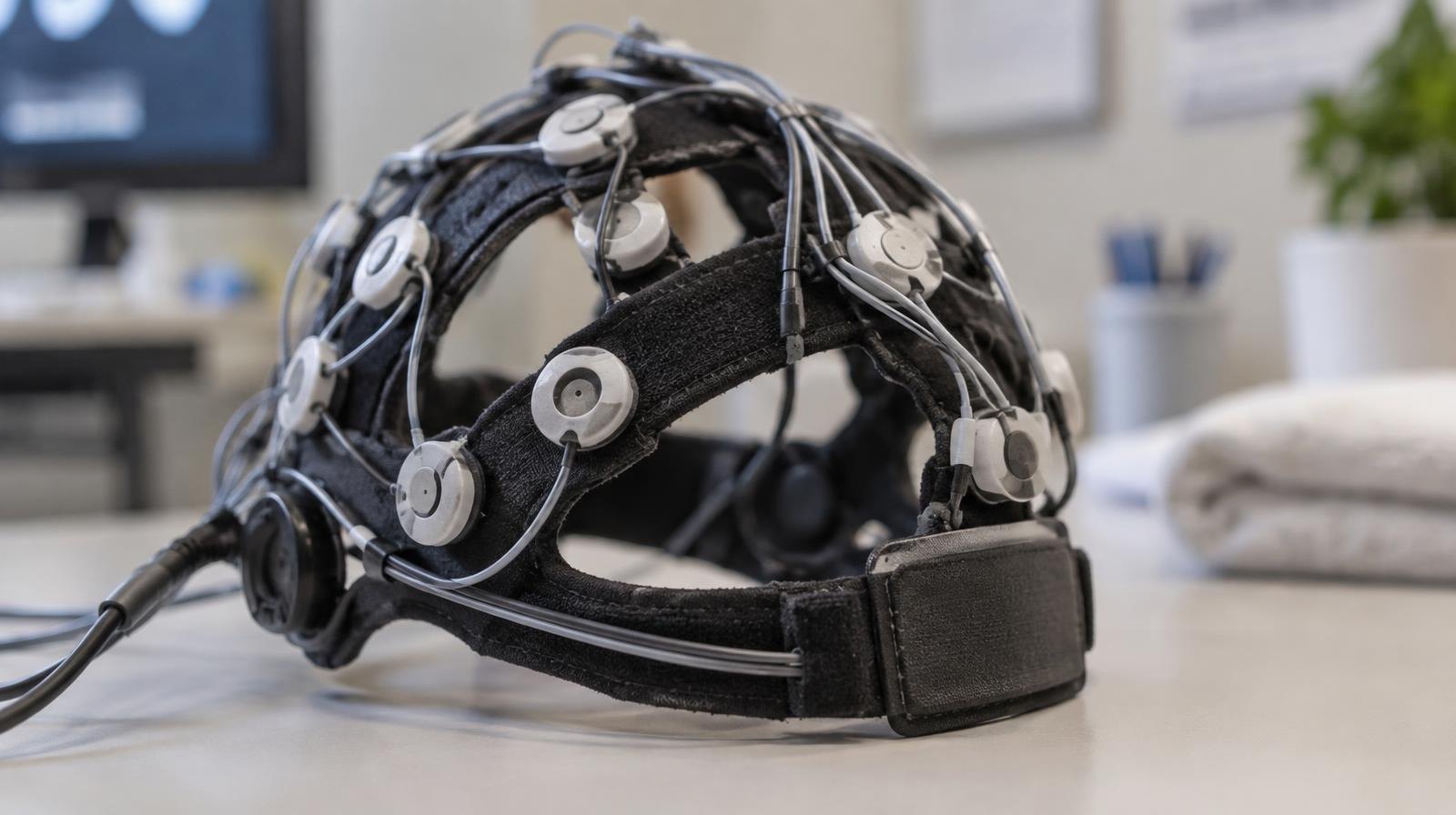 Close-up of a medical EEG headset with multiple electrode sensors on a neutral surface.