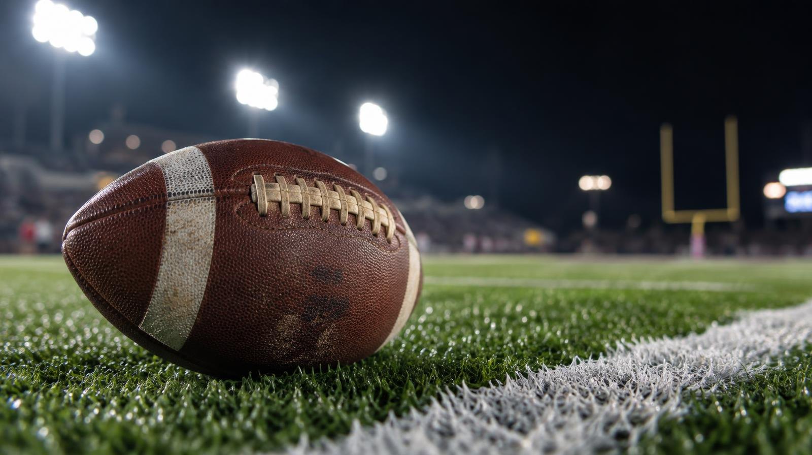 An American football on green artificial turf beside a white yard line under bright lights.