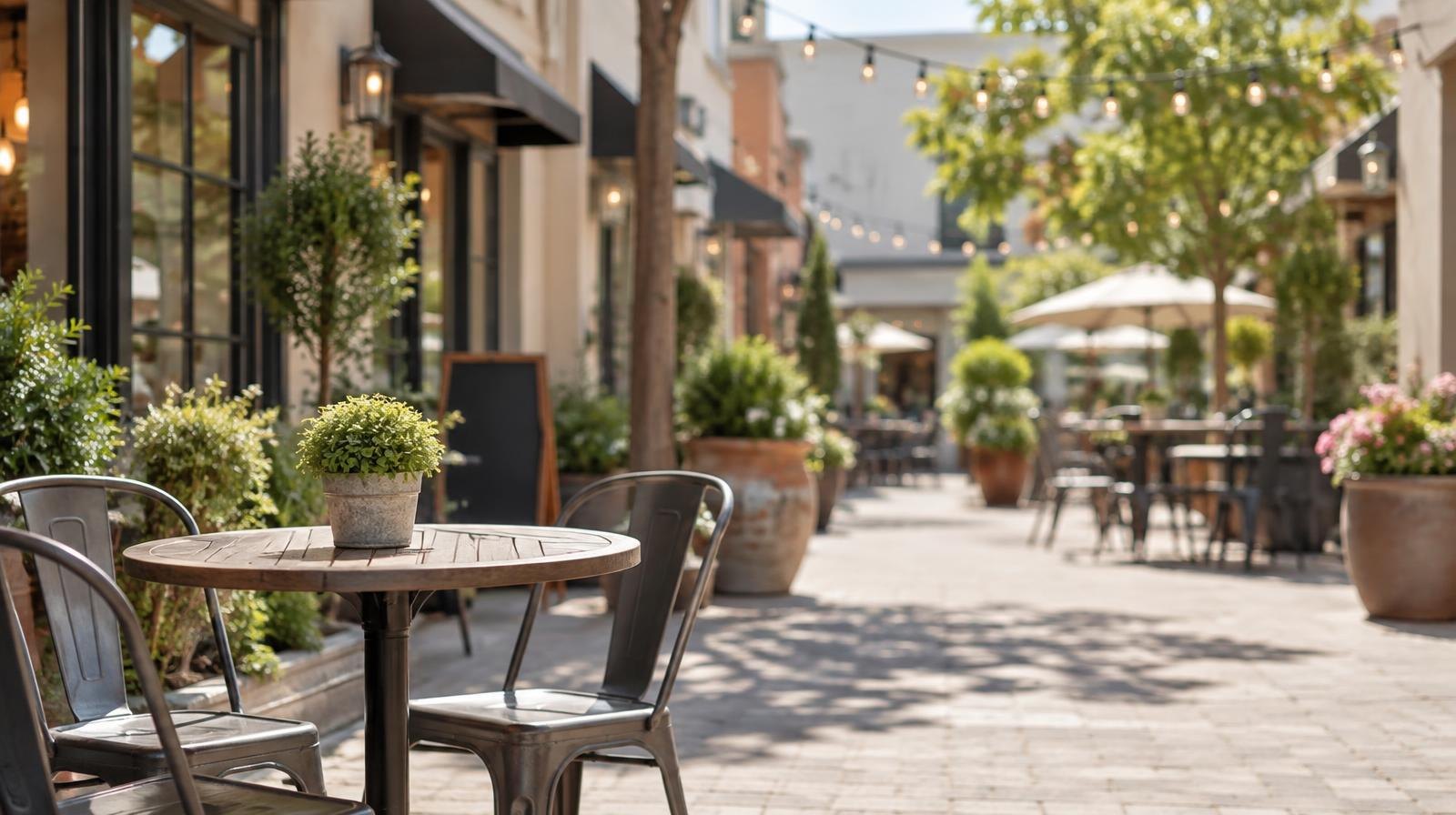Row of small retail storefronts with outdoor seating around a sunny open-air courtyard.