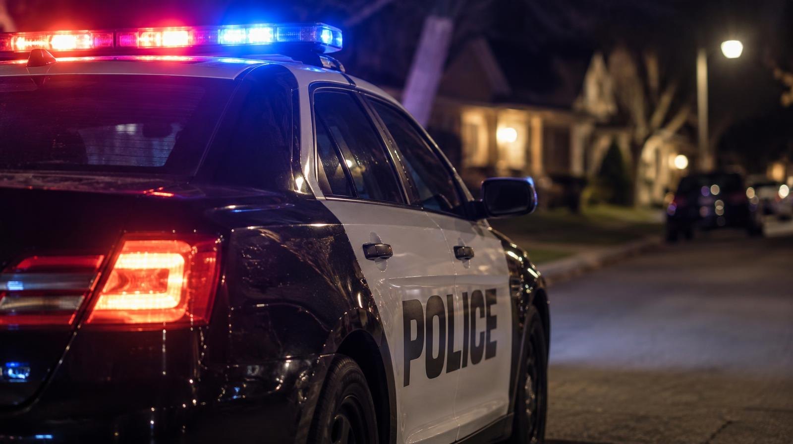Police patrol car parked on a dark residential street with red and blue lights glowing.