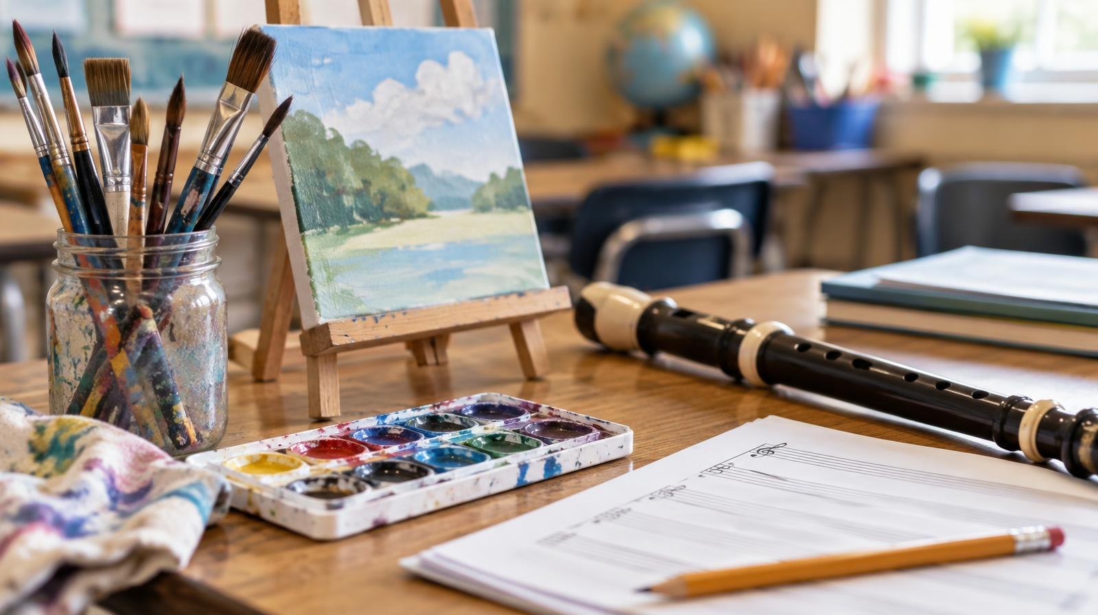 Colorful paintbrushes, watercolor paints, a canvas, and a recorder on a wooden desk.