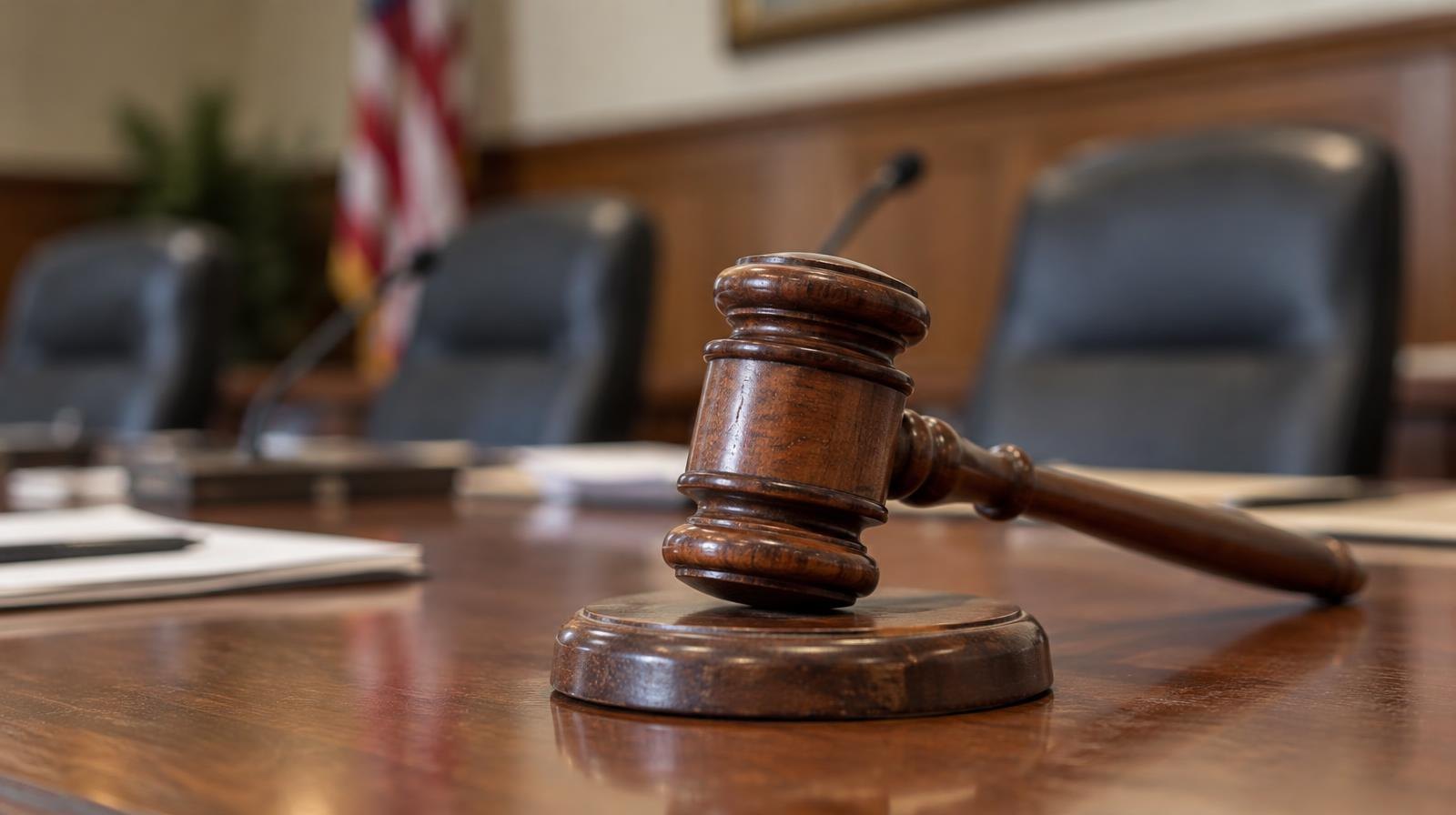 Wooden gavel on its sound block at a polished conference table.