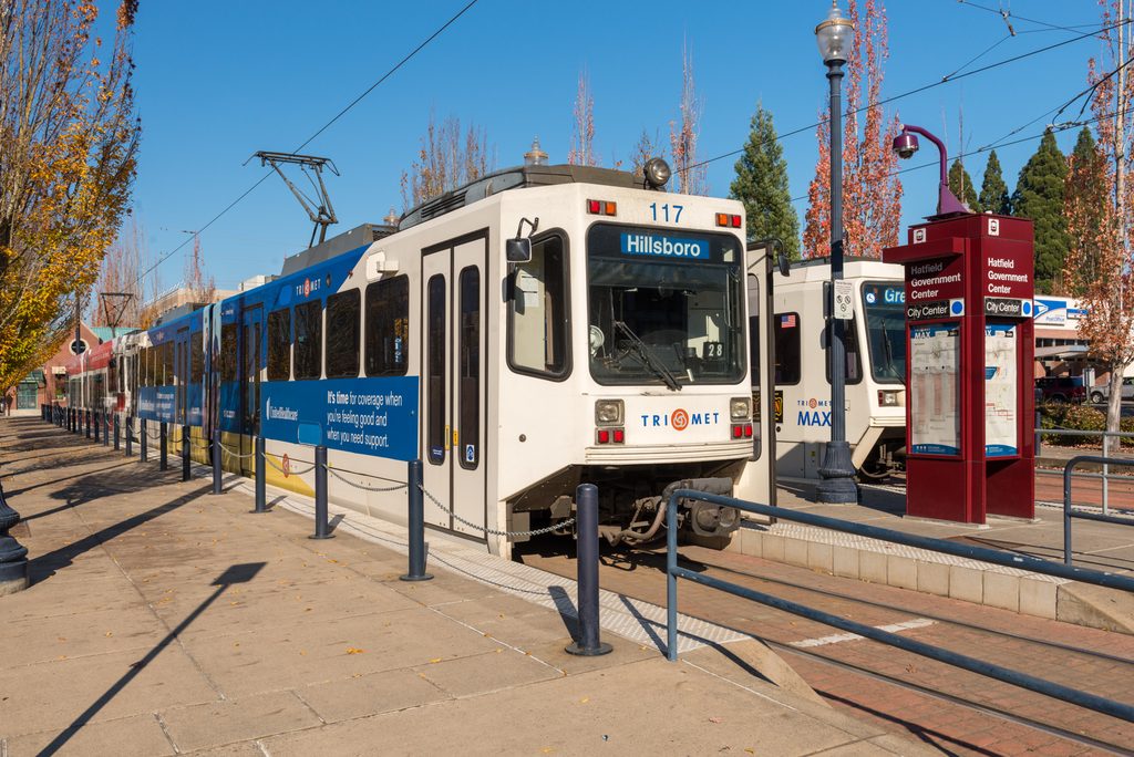 The TriMet MAX line light rail train line in Hillsboro.