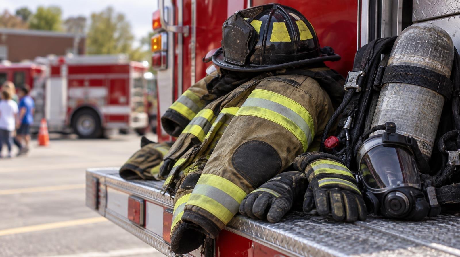 Firefighter helmet, coat, gloves, and breathing apparatus displayed beside a red fire engine.