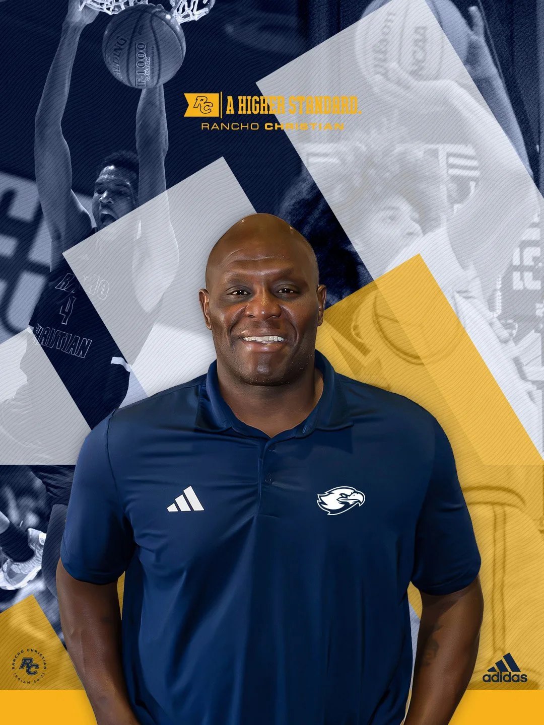 Man in navy adidas polo with eagle logo posed against blue and gold athletics graphic.