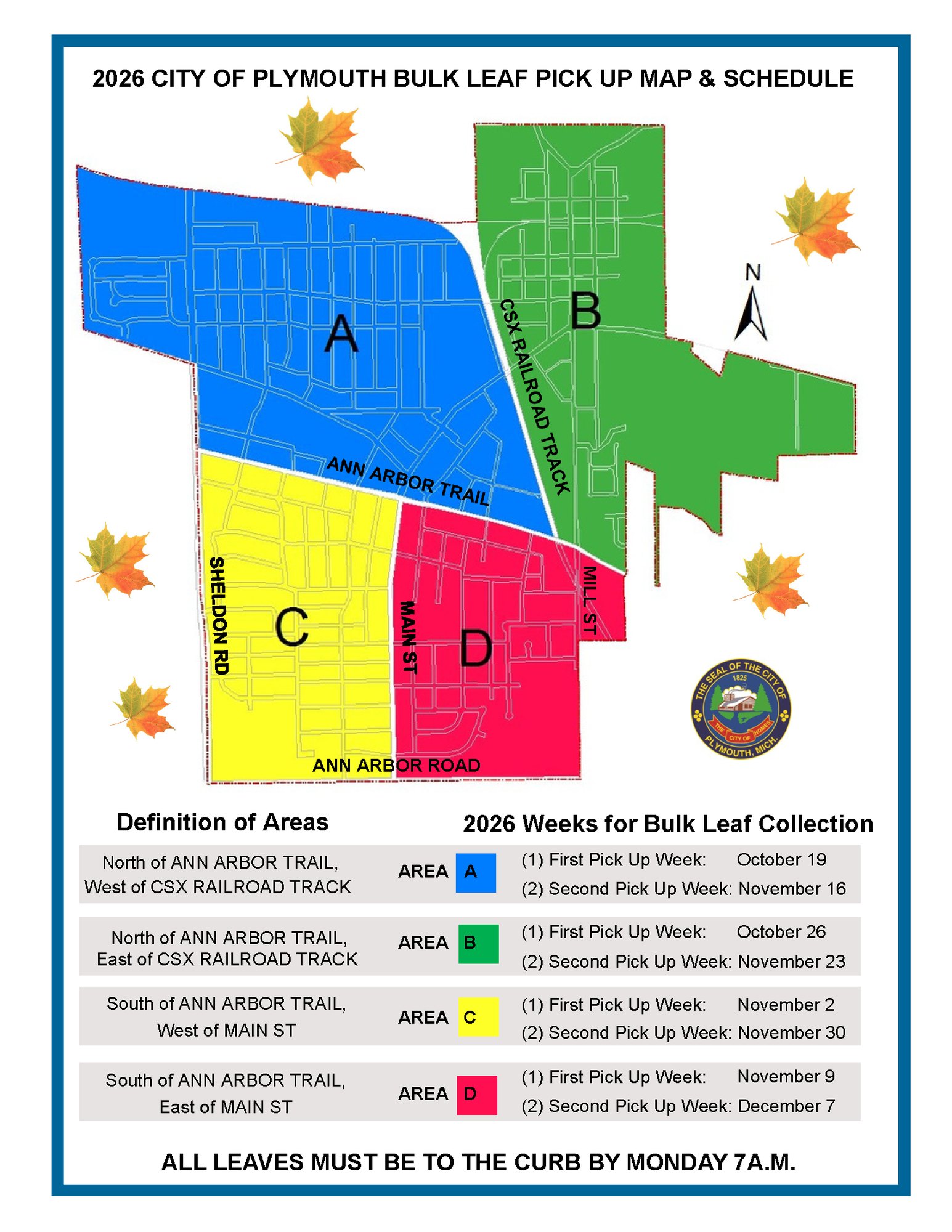 Color-coded map of Plymouth divided into four leaf collection zones with a pickup schedule table.