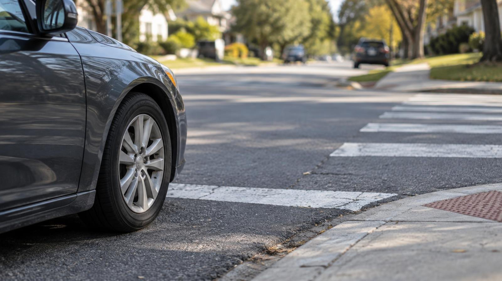A car parked close to a painted crosswalk at a sunny residential street corner.
